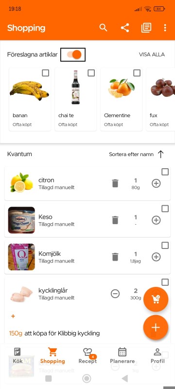 Toggle suggested items switch on Shopping List